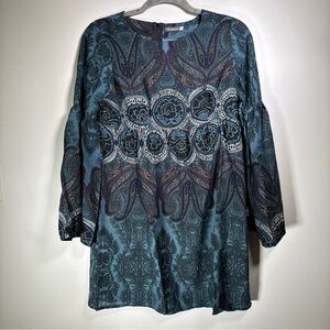 Earthbound Trading Womens Tunic Dress Size S Boho Bell Sleeve Paisley Blue